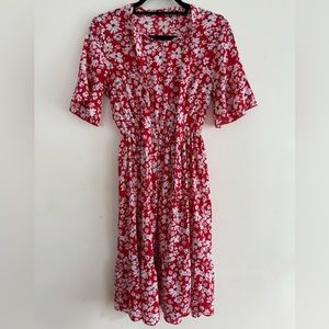 Floral Sleeved Red Midi Dress